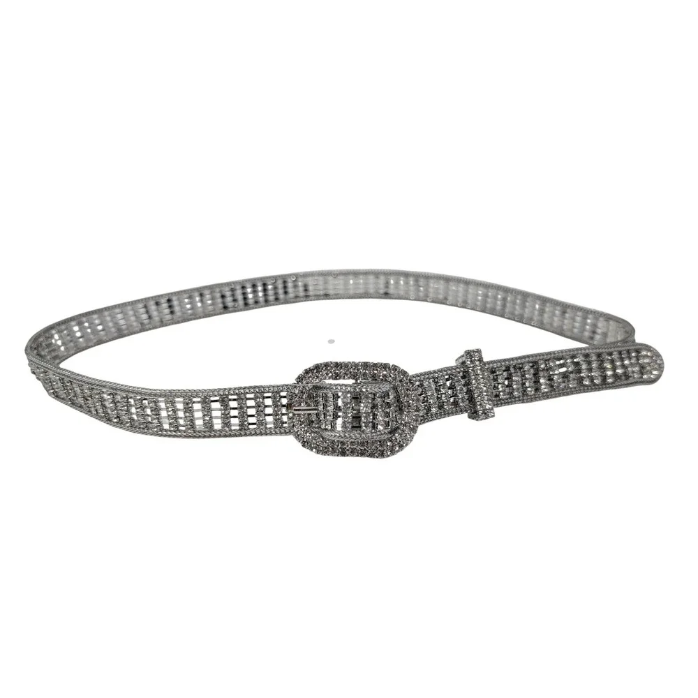 INC International Concepts Silver Rhinestone Chain Belt Size‎ S Y2K McBling 90s